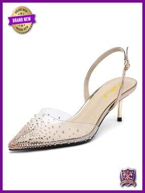 Crystal Studded Clear Pumps Mid Low Heel Slingback D'orsay Wedding Shoes